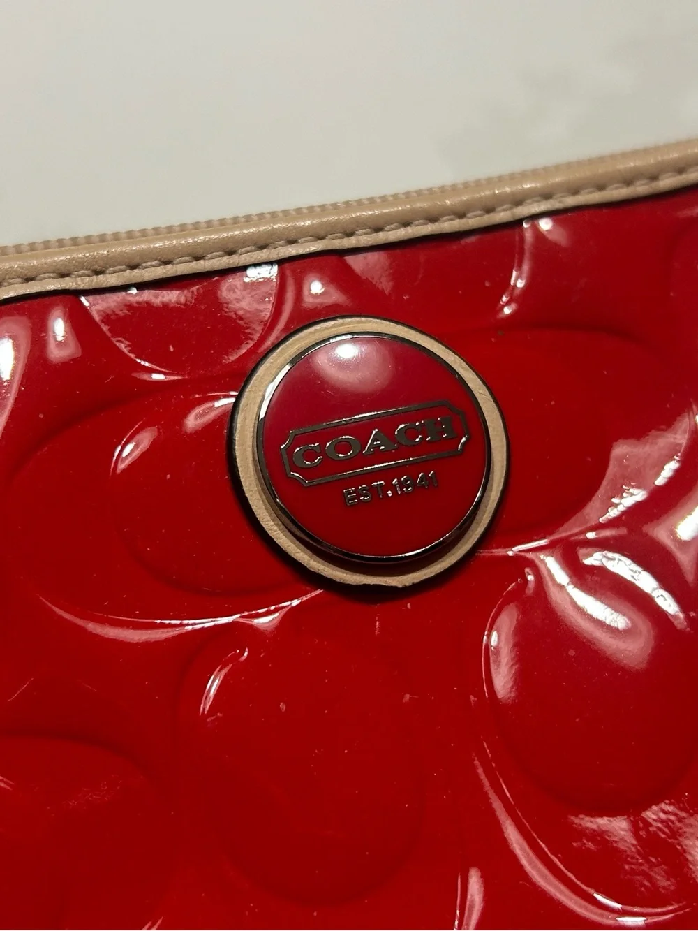 Coach Red Patent Wristlet with Beige Trim